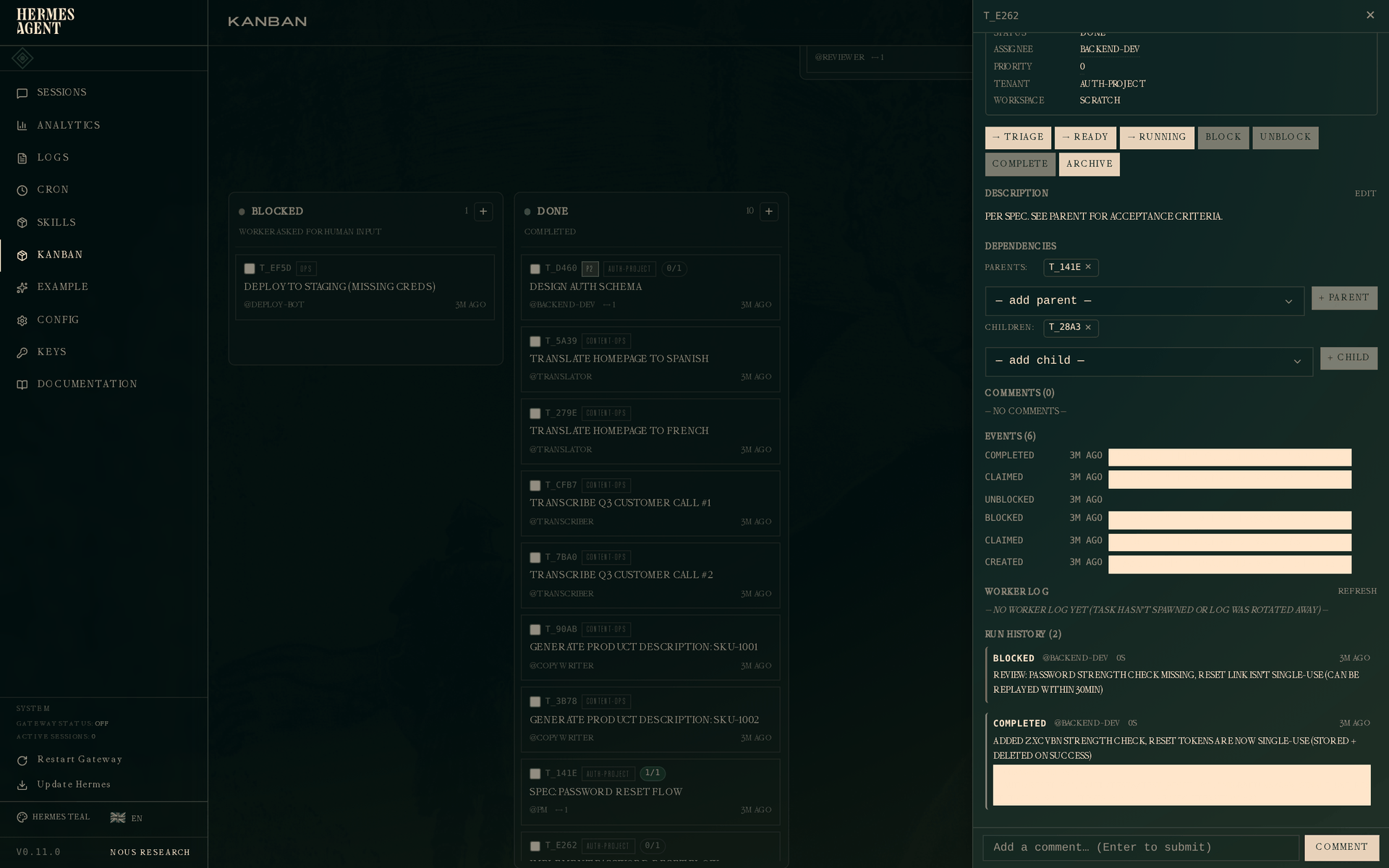 Implementation task with two runs — blocked then completed
