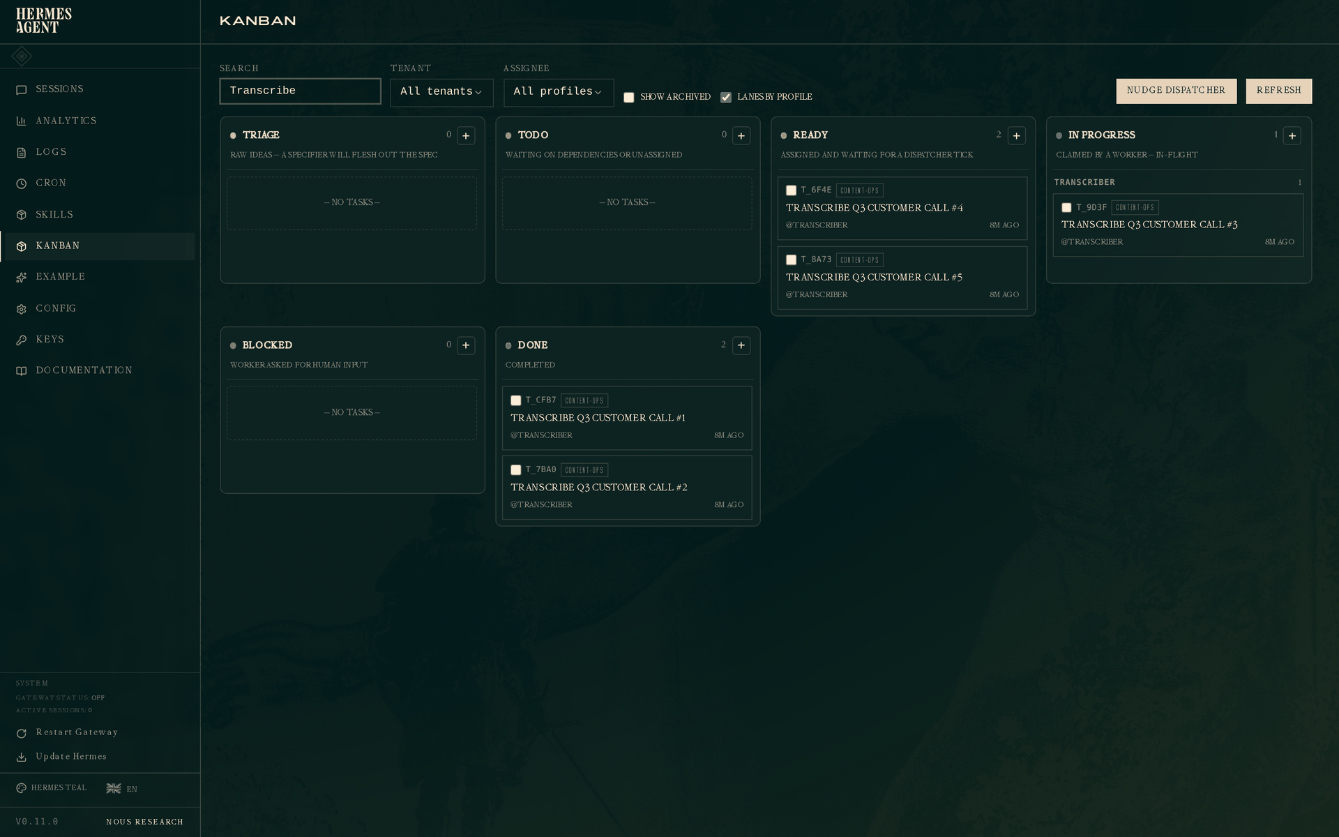 Fleet view filtered to transcribe tasks