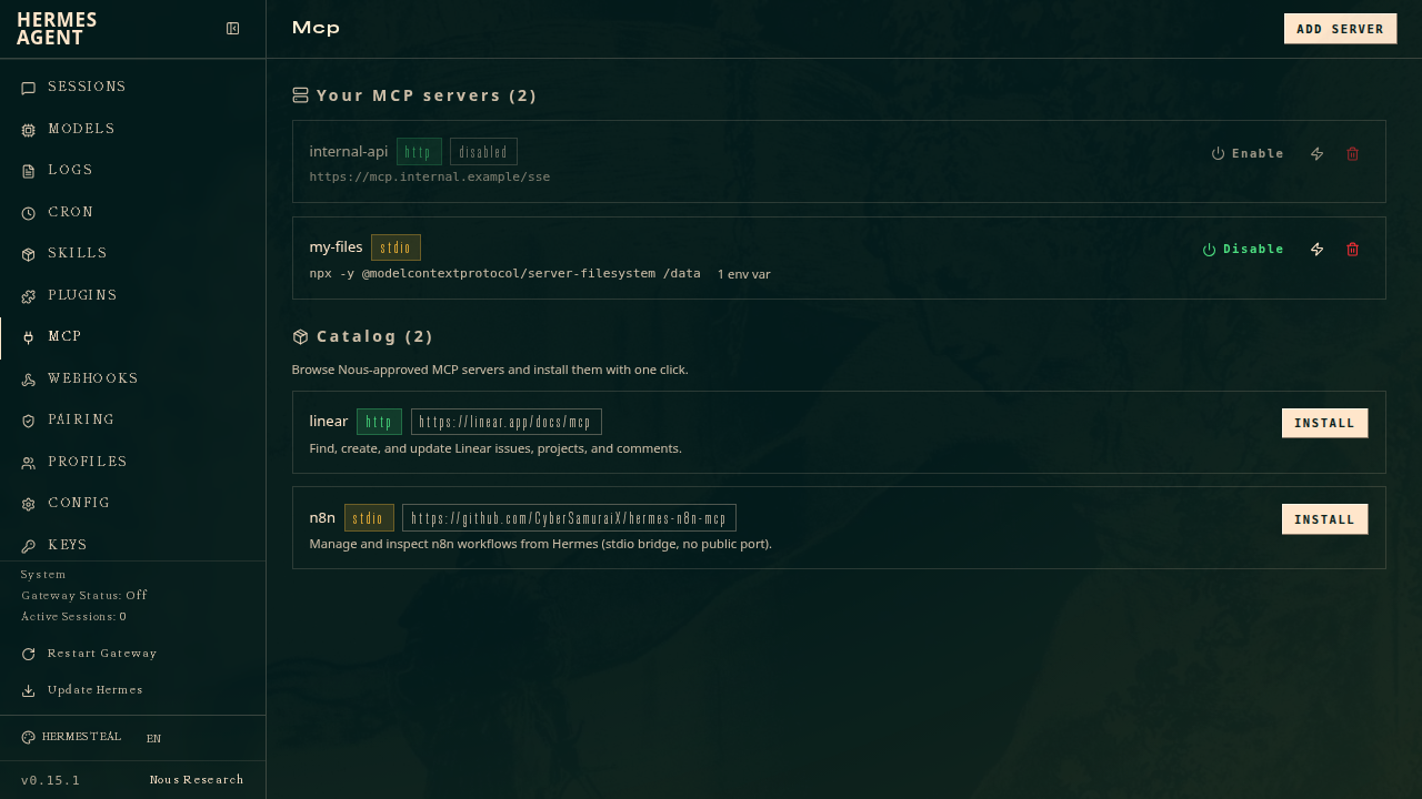MCP admin page — your servers with enable/disable toggles, plus the install catalog