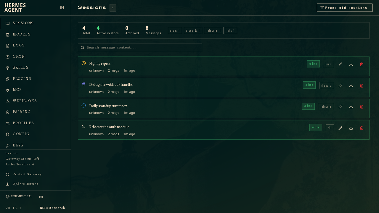 Sessions admin page — stats bar, prune, and per-row rename / export / delete