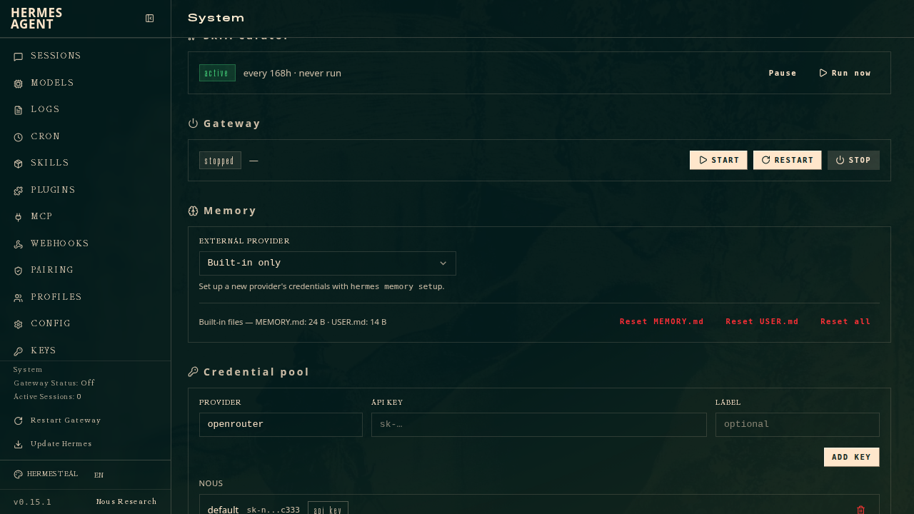 System admin page — skill curator, gateway, memory, and credential pool