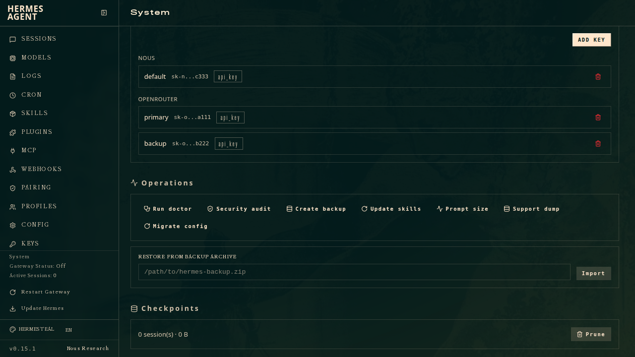 System admin page — operations, checkpoints, and shell hooks