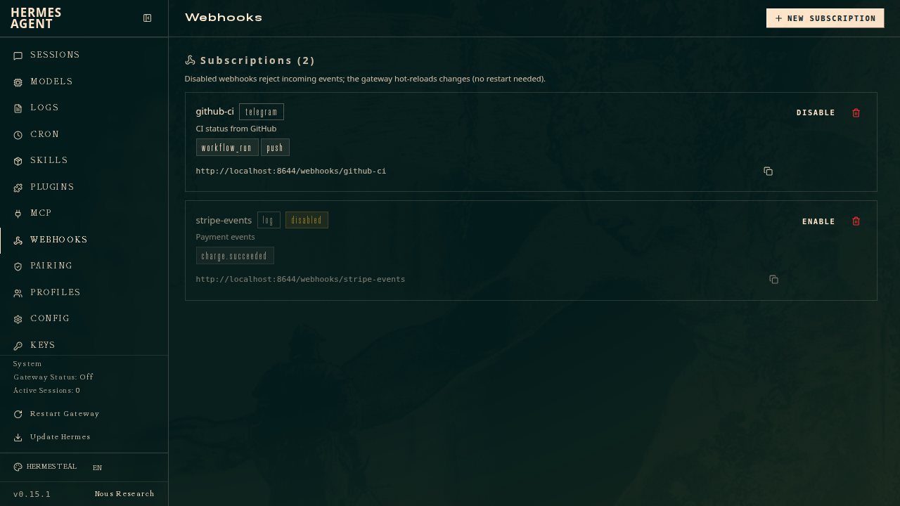 Webhooks admin page — subscriptions with enable/disable toggles