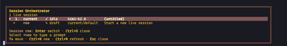 Hermes TUI Session Orchestrator with one live session and a +new row
